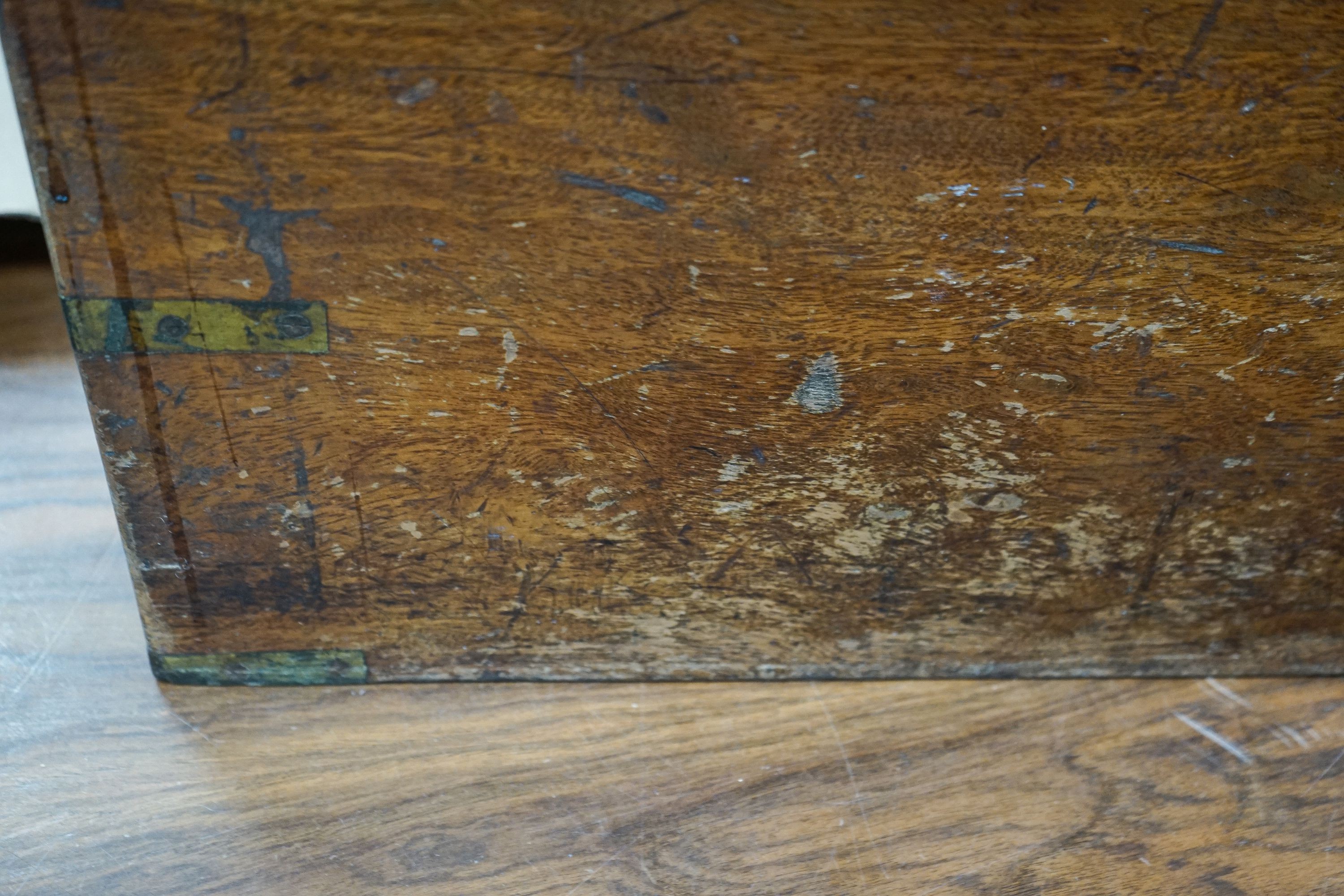 A 19th century brass-bound teak campaign trunk, having hinged top and side mounted carrying handles, width 55cm, depth 43cm, height 44cm